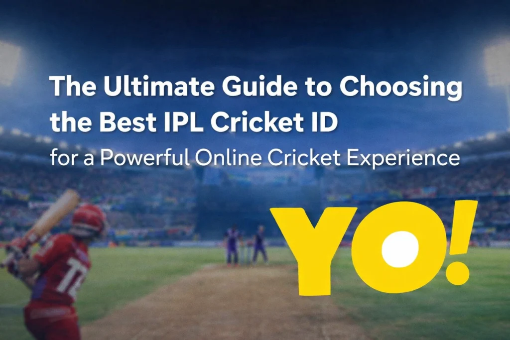 Best IPL Cricket ID guide banner with YO logo and cricket stadium background