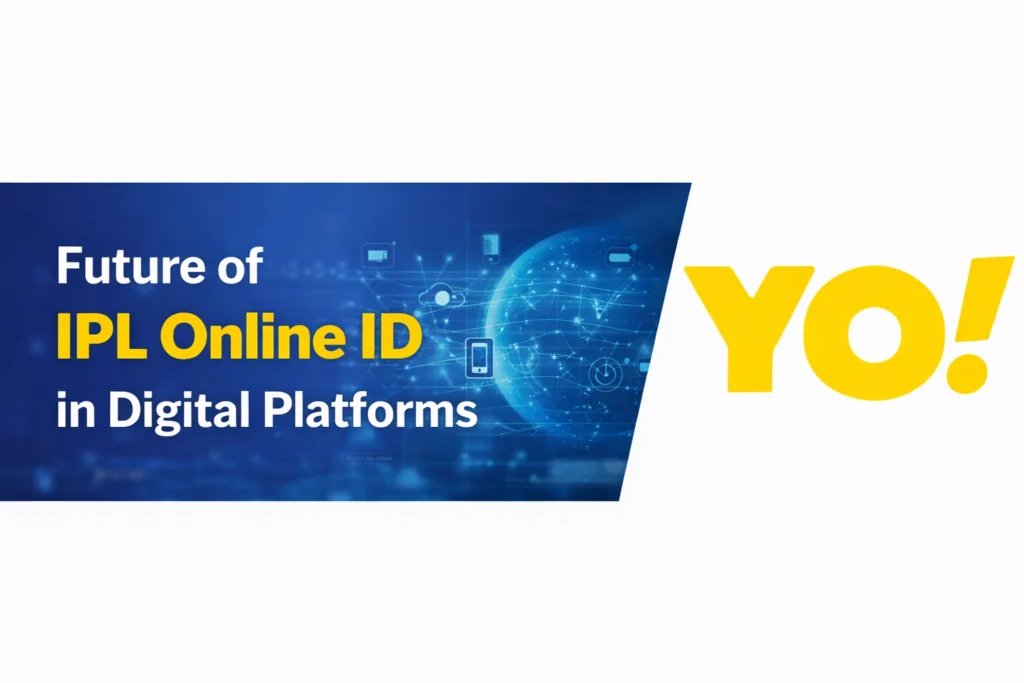 Future of IPL Online ID in digital platforms banner with technology icons and YO logo
