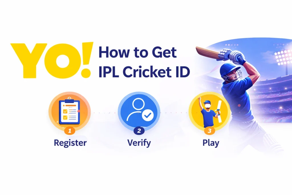 How to Get IPL Cricket ID step by step banner with YO logo and cricket illustration