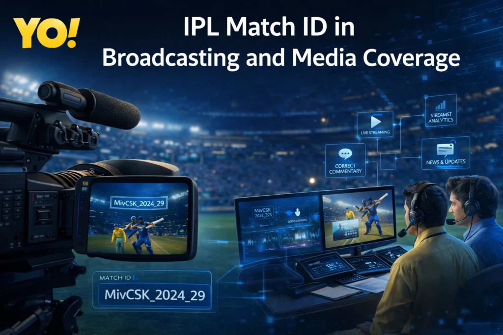 IPL Match ID in broadcasting and media coverage with YO logo showing cricket highlights and digital media system