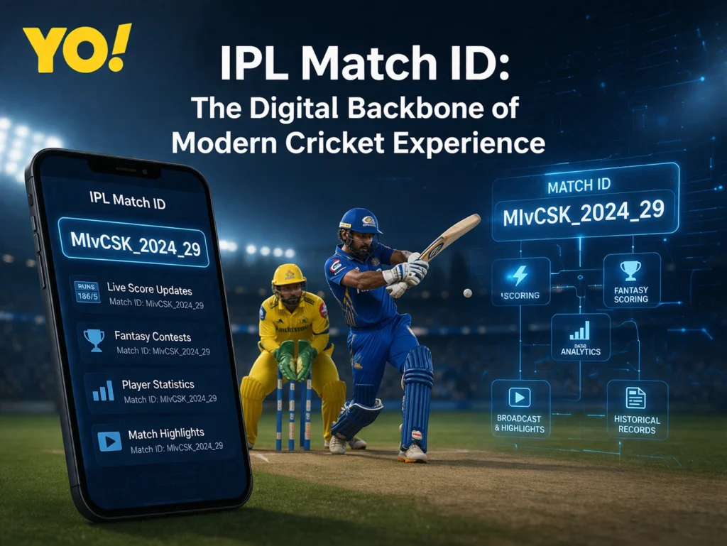 IPL Match ID digital backbone of modern cricket experience with YO logo and technology concept