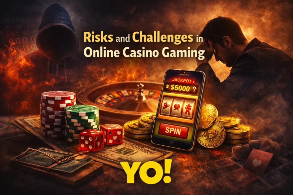 Risks and challenges in online casino gaming with stressed player, casino chips, roulette, mobile gambling app and warning concept