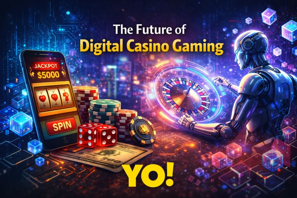 Future of digital casino gaming with virtual reality, mobile casino app, AI technology and modern gambling concept
