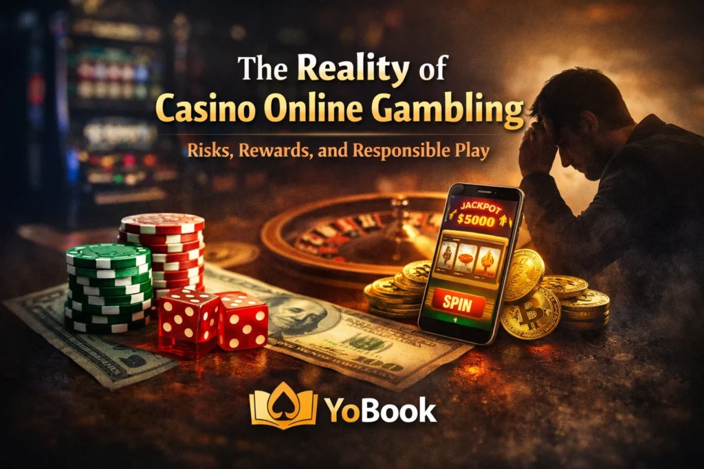 Casino online gambling risks rewards and responsible play concept with slot machine, roulette, chips and mobile betting app