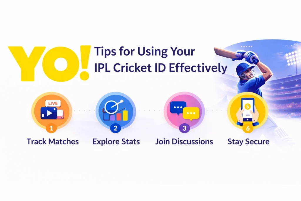 Tips for using IPL Cricket ID effectively banner with YO logo and cricket illustration
