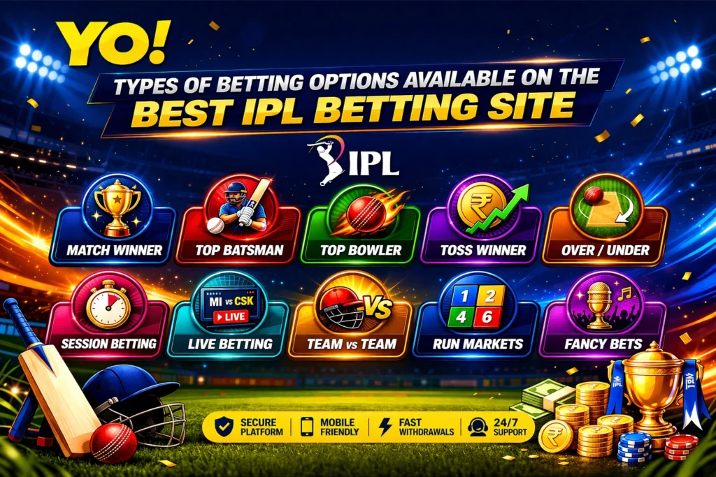 Types of betting options on the Best IPL Betting Site with YO logo including match winner, live betting, and session betting