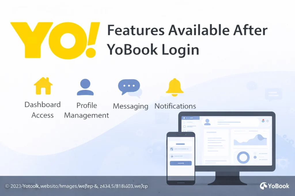 Features available after YoBook login showing dashboard tools, user interface, and YoBook logo