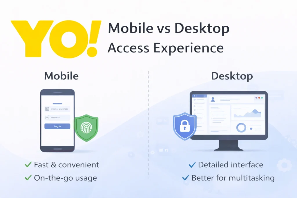 YoBook login mobile vs desktop access experience showing smartphone and desktop dashboard with logo