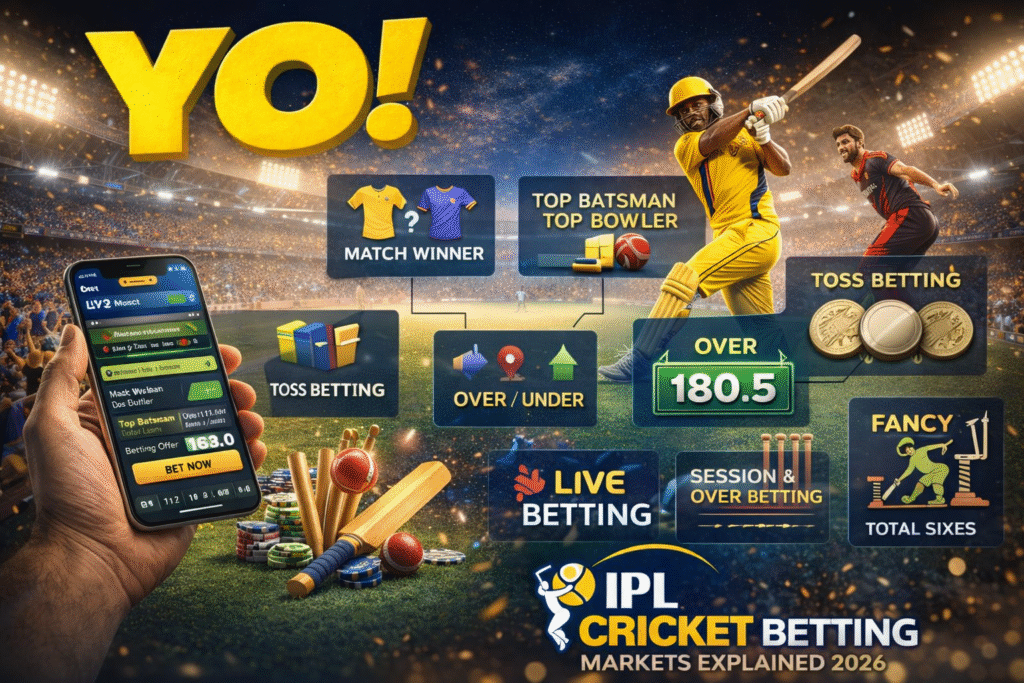 IPL betting markets guide 2026 with YO logo, live cricket betting app, match winner odds and IPL betting strategies