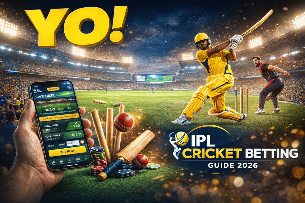 IPL Cricket Betting Guide 2026 with YO logo, live betting app, stadium match action and online betting concept