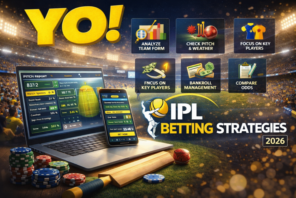 IPL Cricket Betting Strategies 2026 with YO logo, cricket data analysis, live betting odds, and IPL betting tips for winning